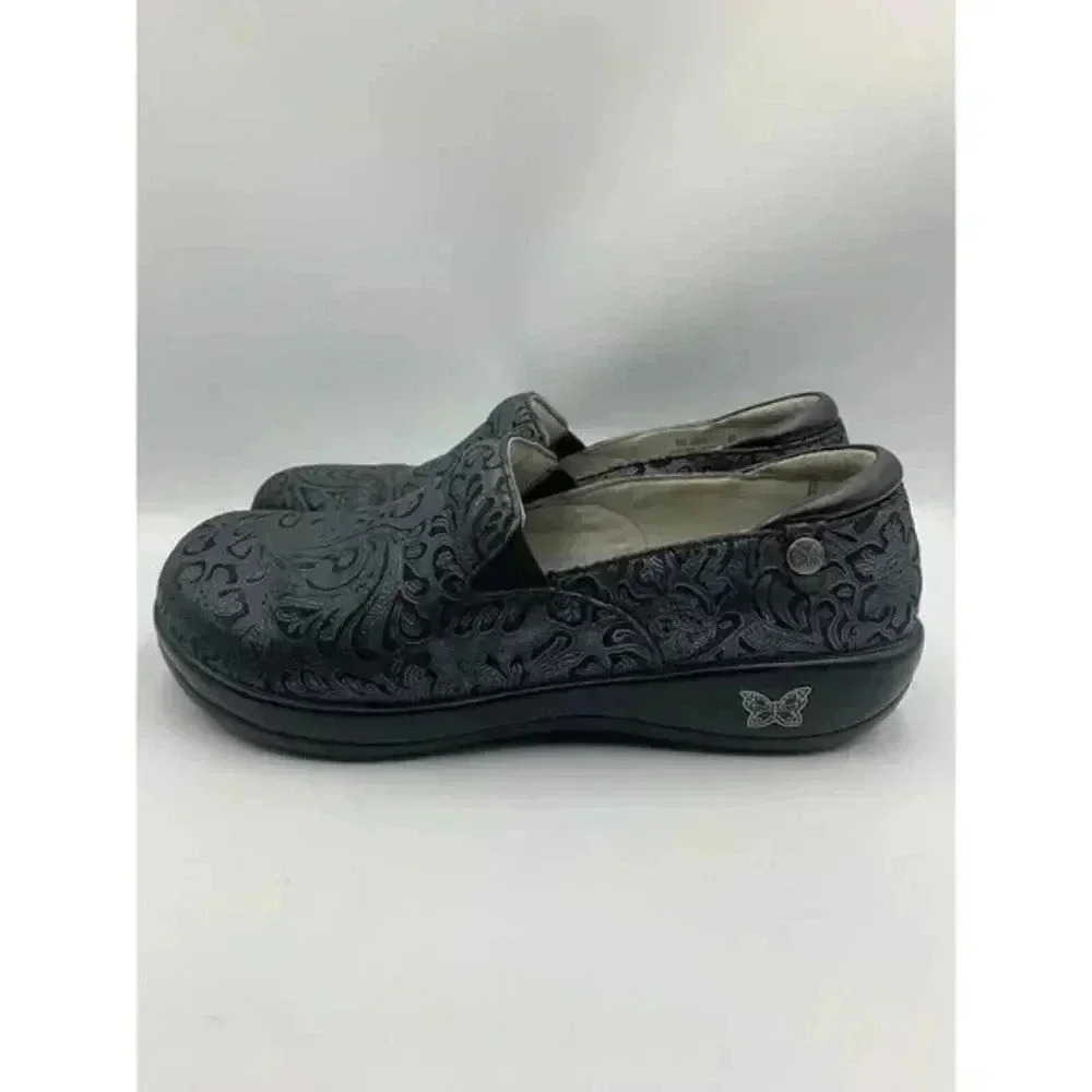 Alegria‎ Loafers Shoes Womens 41 Black With Blue Emboss Paisley Leather